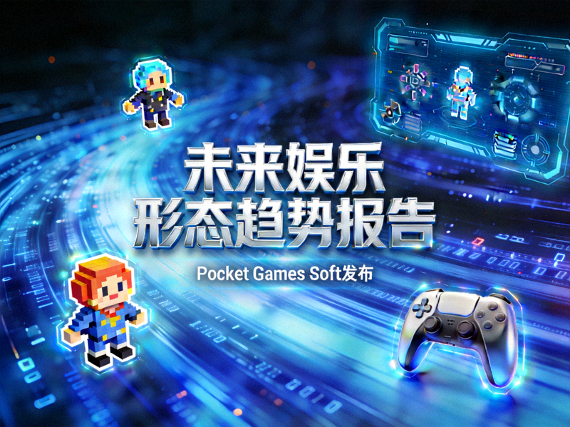 Pocket Games Soft发布的《未来娱乐形态趋势报告》封面 - 蓝色科技感设计，展示数据流与游戏元素融合