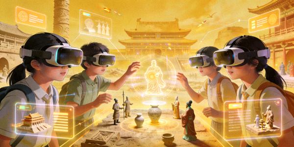 VR教育娱乐应用场景，学生在虚拟环境中进行历史探索